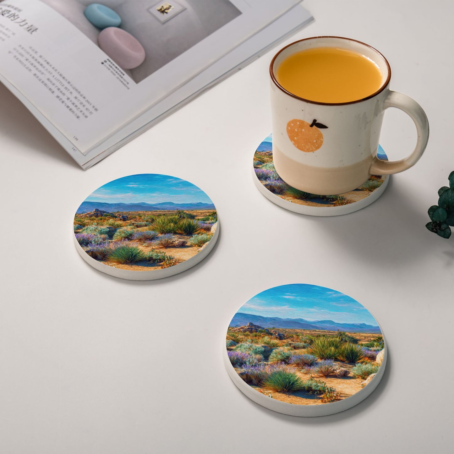 Desert Landscape Ceramic Coaster – Absorbent, Non-Slip Round Design, 10cm Diameter, Artistic Print