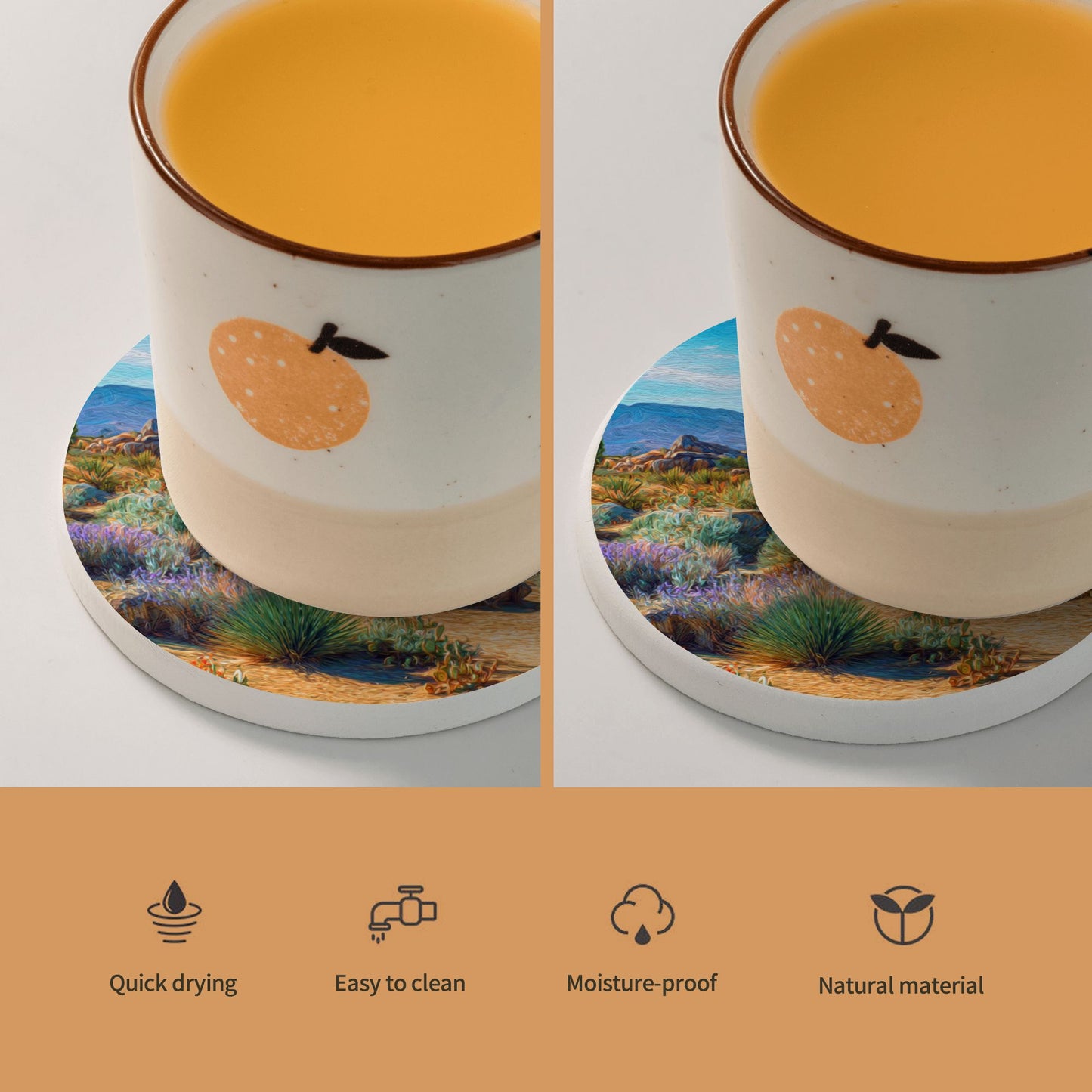 Desert Landscape Ceramic Coaster – Absorbent, Non-Slip Round Design, 10cm Diameter, Artistic Print