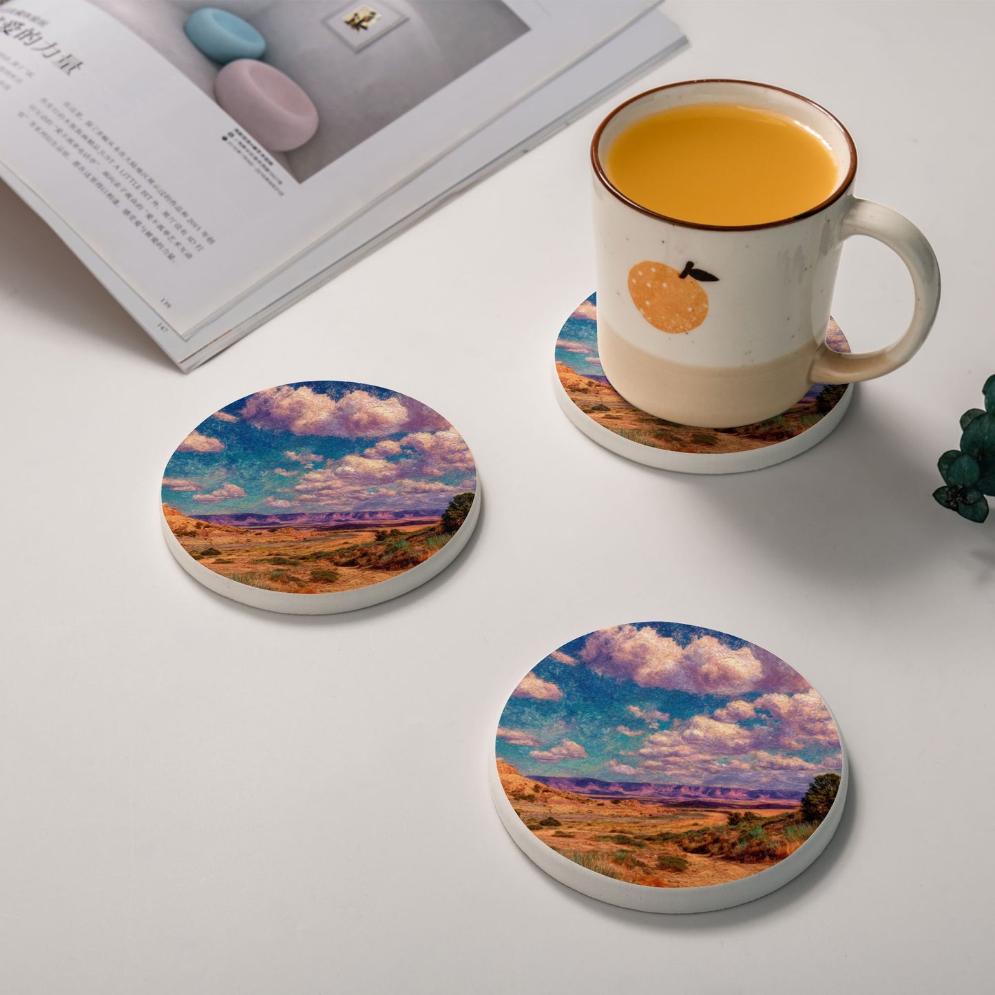 Desert Landscape Ceramic Coaster Set — 4 Inch / 10cm Round Absorbent & Non-Slip Coasters for Home & Office