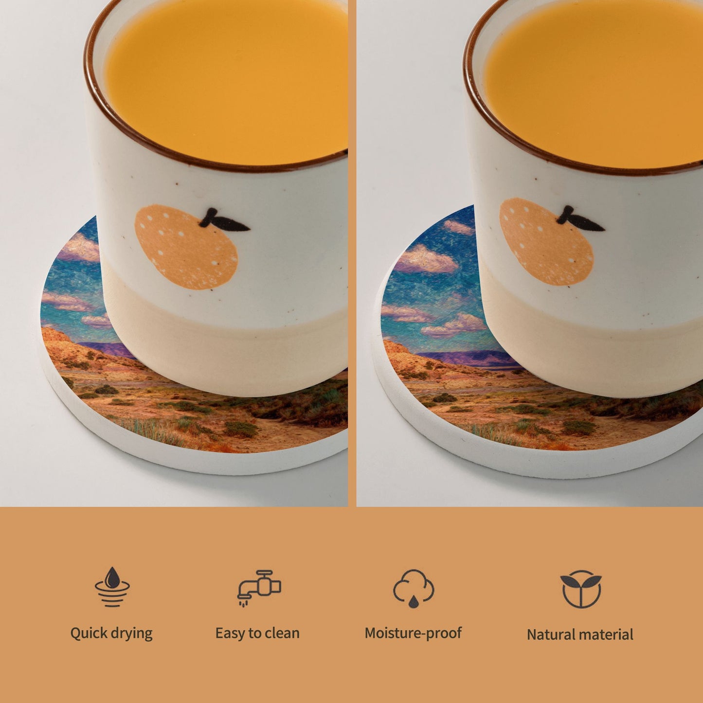 Desert Landscape Ceramic Coaster Set — 4 Inch / 10cm Round Absorbent & Non-Slip Coasters for Home & Office