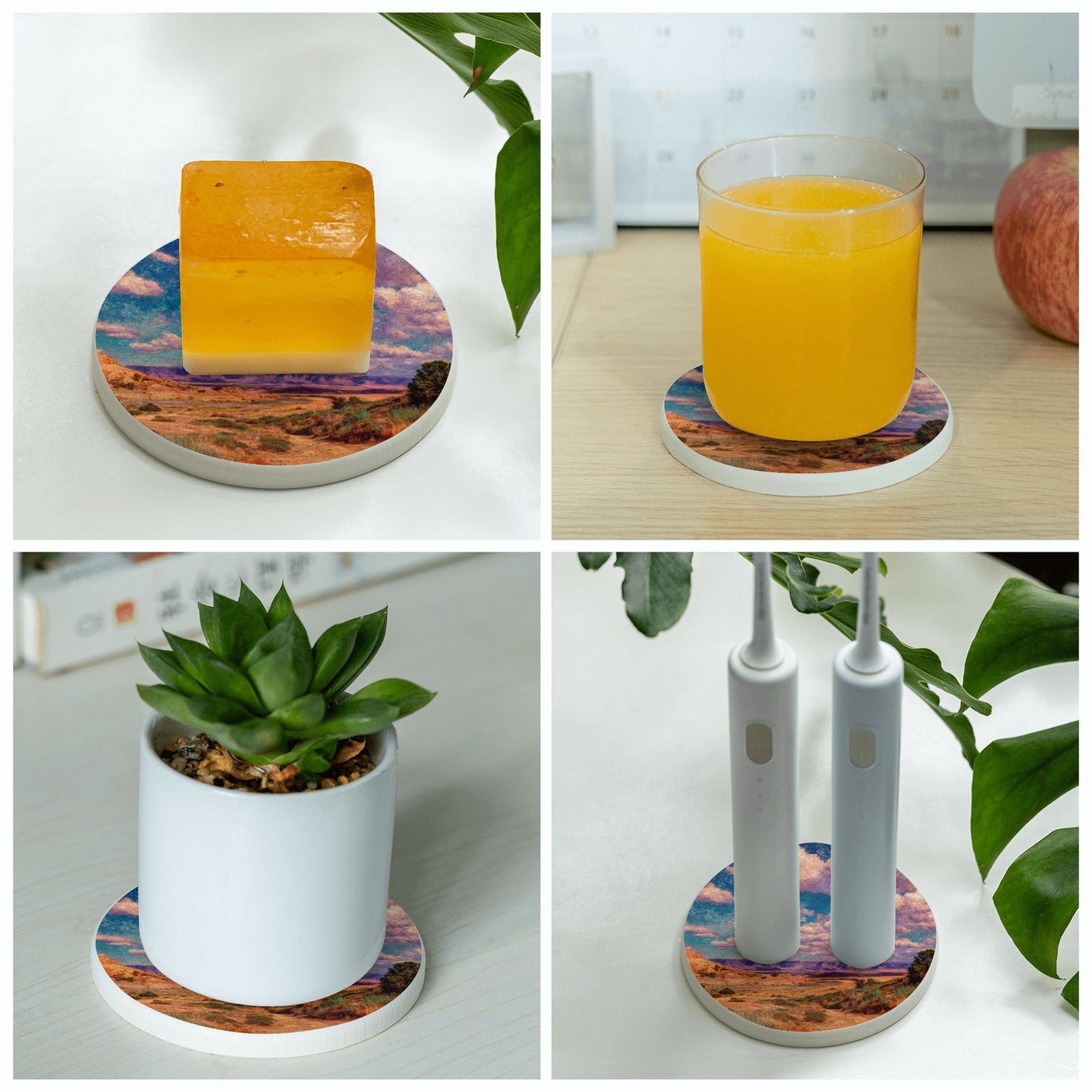 Desert Landscape Ceramic Coaster Set — 4 Inch / 10cm Round Absorbent & Non-Slip Coasters for Home & Office