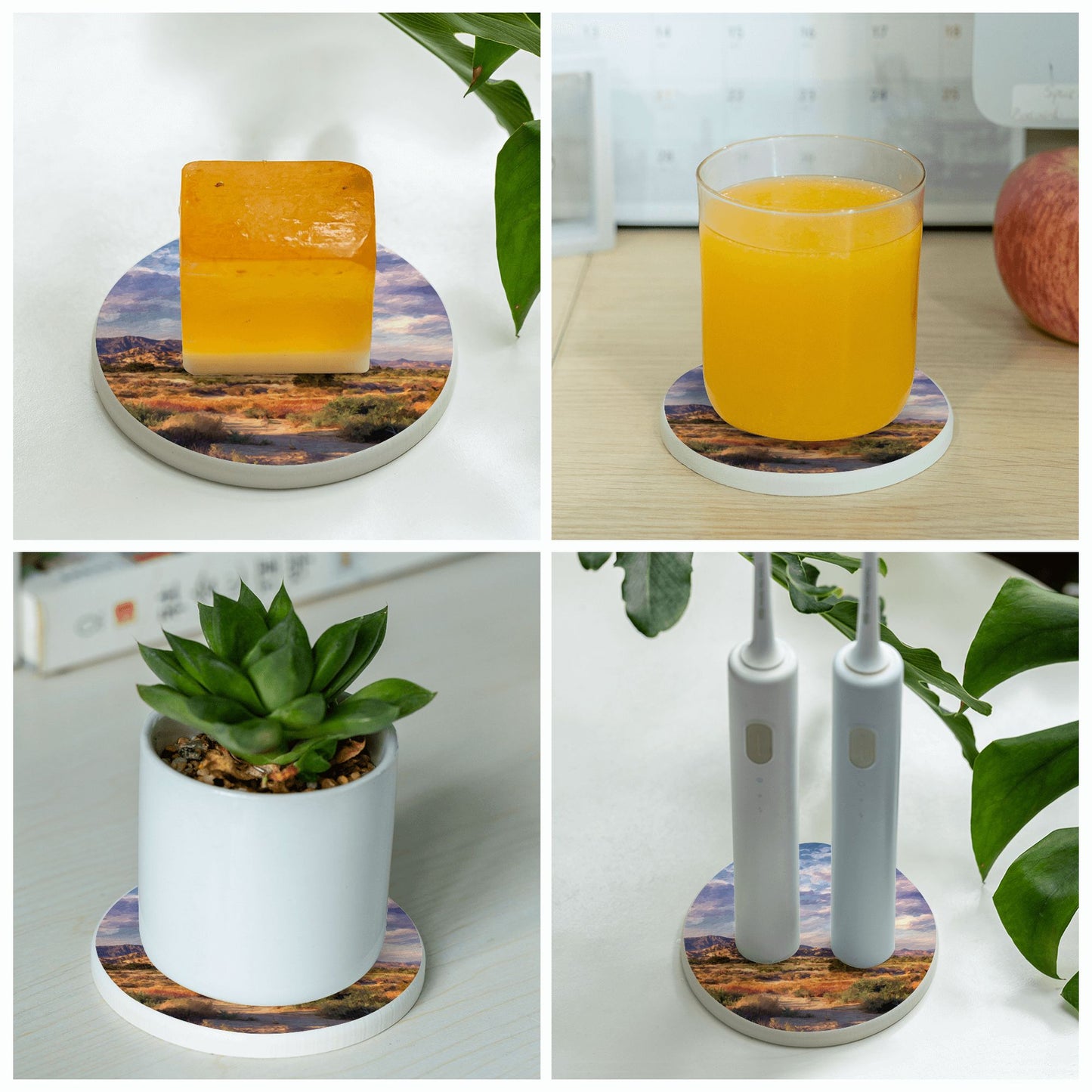 Artistic Ceramic Absorbent Coaster|4-inch Round with Non-Slip Back|Desert Landscape Print