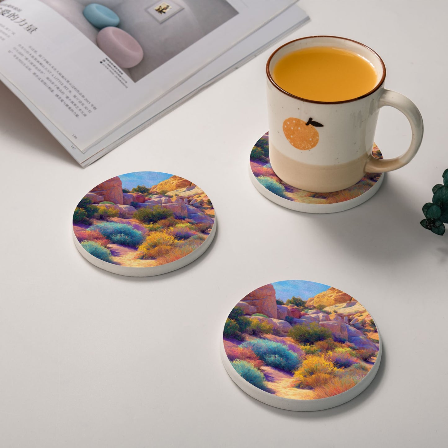 Hand-Painted Style Desert Landscape Absorbent Ceramic Coaster|Non-Slip & Heat-Resistant Round Design (10cm Diameter)