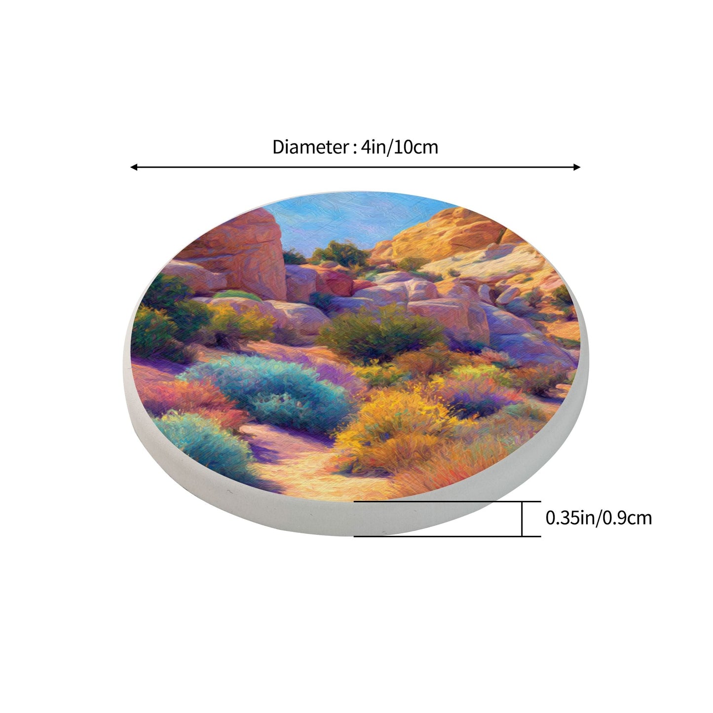 Hand-Painted Style Desert Landscape Absorbent Ceramic Coaster|Non-Slip & Heat-Resistant Round Design (10cm Diameter)