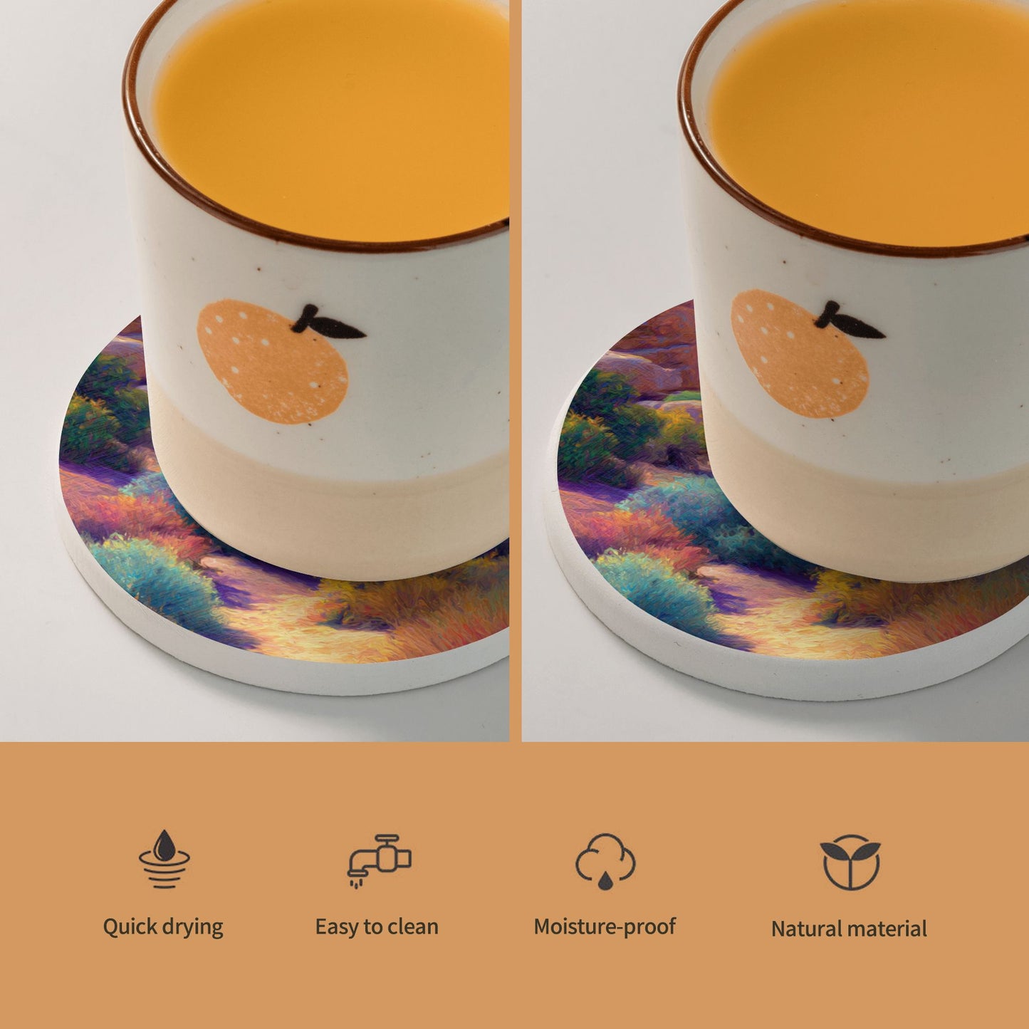 Hand-Painted Style Desert Landscape Absorbent Ceramic Coaster|Non-Slip & Heat-Resistant Round Design (10cm Diameter)