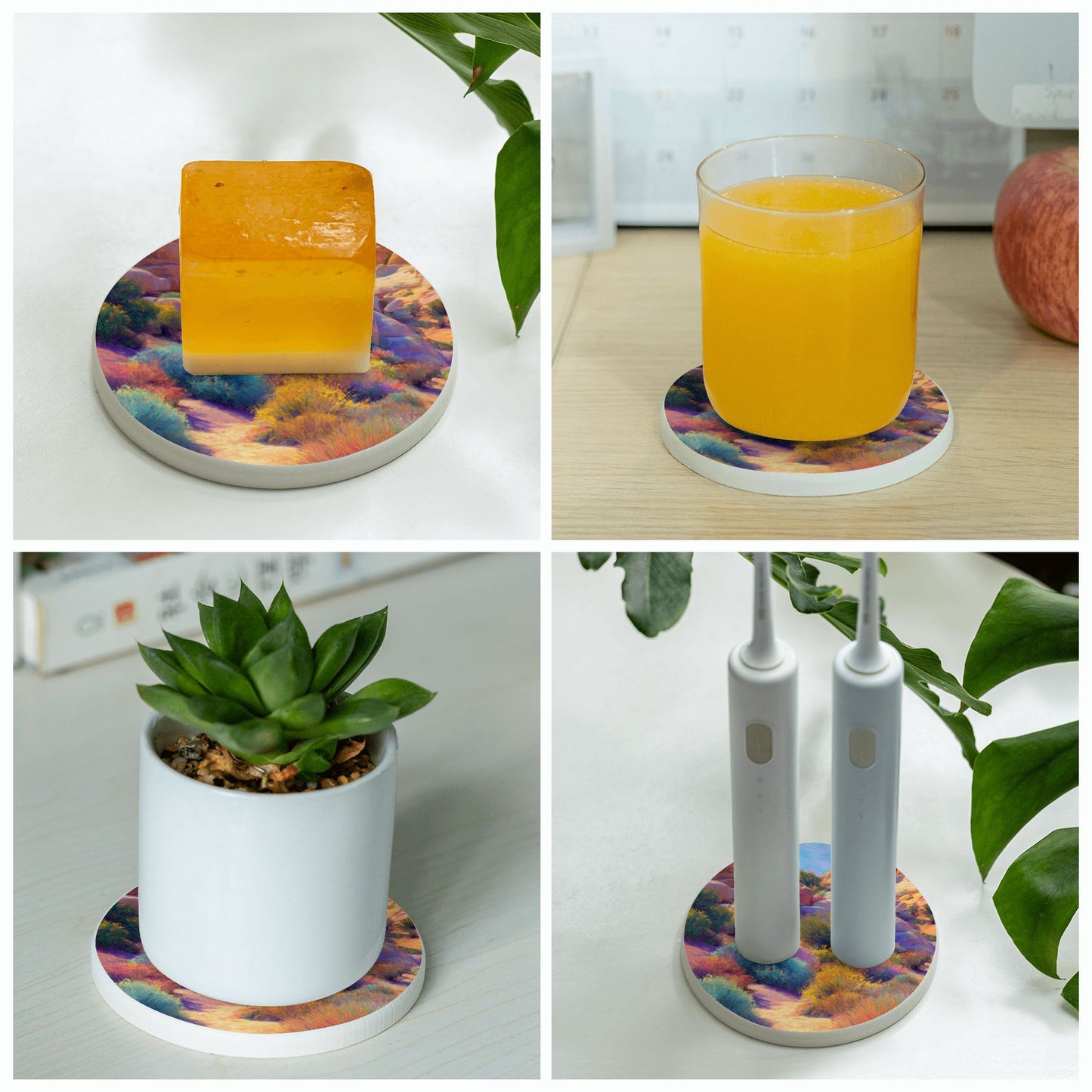 Hand-Painted Style Desert Landscape Absorbent Ceramic Coaster|Non-Slip & Heat-Resistant Round Design (10cm Diameter)