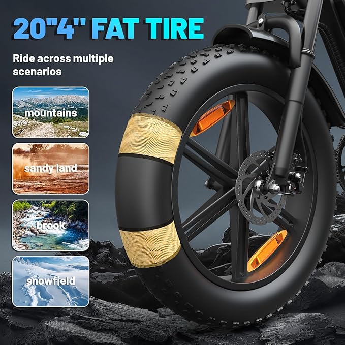 E500 Electric Bike for Adults 1000W Peak Motor, 20" Fat Tire Electric Bicycles with 40 Miles PAS Range, 7 Speed E-Bike with 48V Removable Battery, Dirt Ebike for Mountains, Sand, Road, Beach, Snow