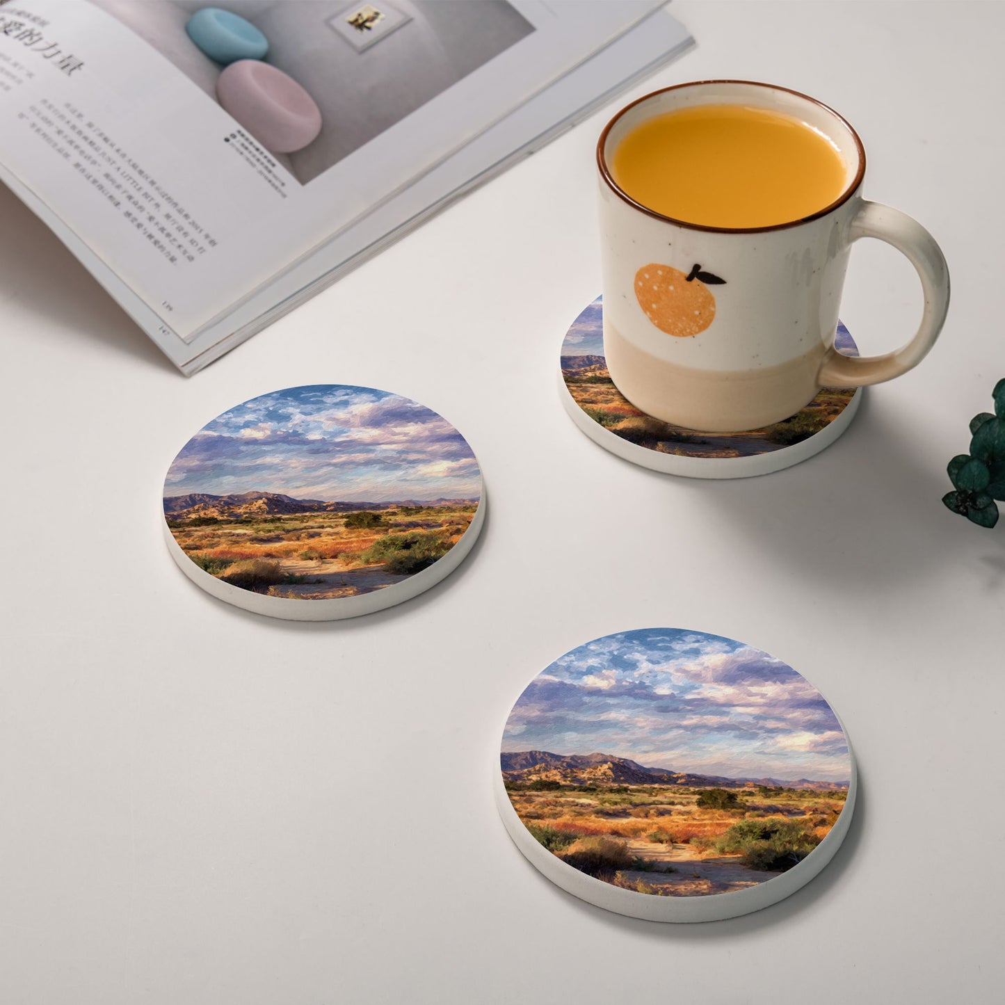 Artistic Ceramic Absorbent Coaster｜4-inch Round with Non-Slip Back｜Desert Landscape Print
