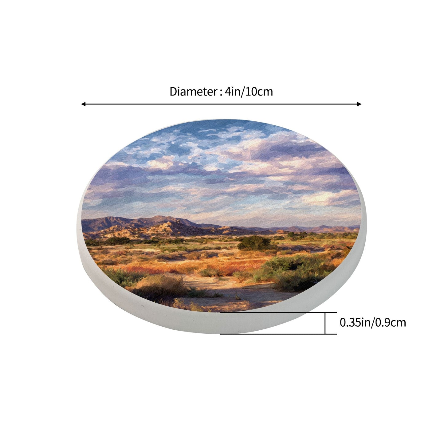 Artistic Ceramic Absorbent Coaster｜4-inch Round with Non-Slip Back｜Desert Landscape Print