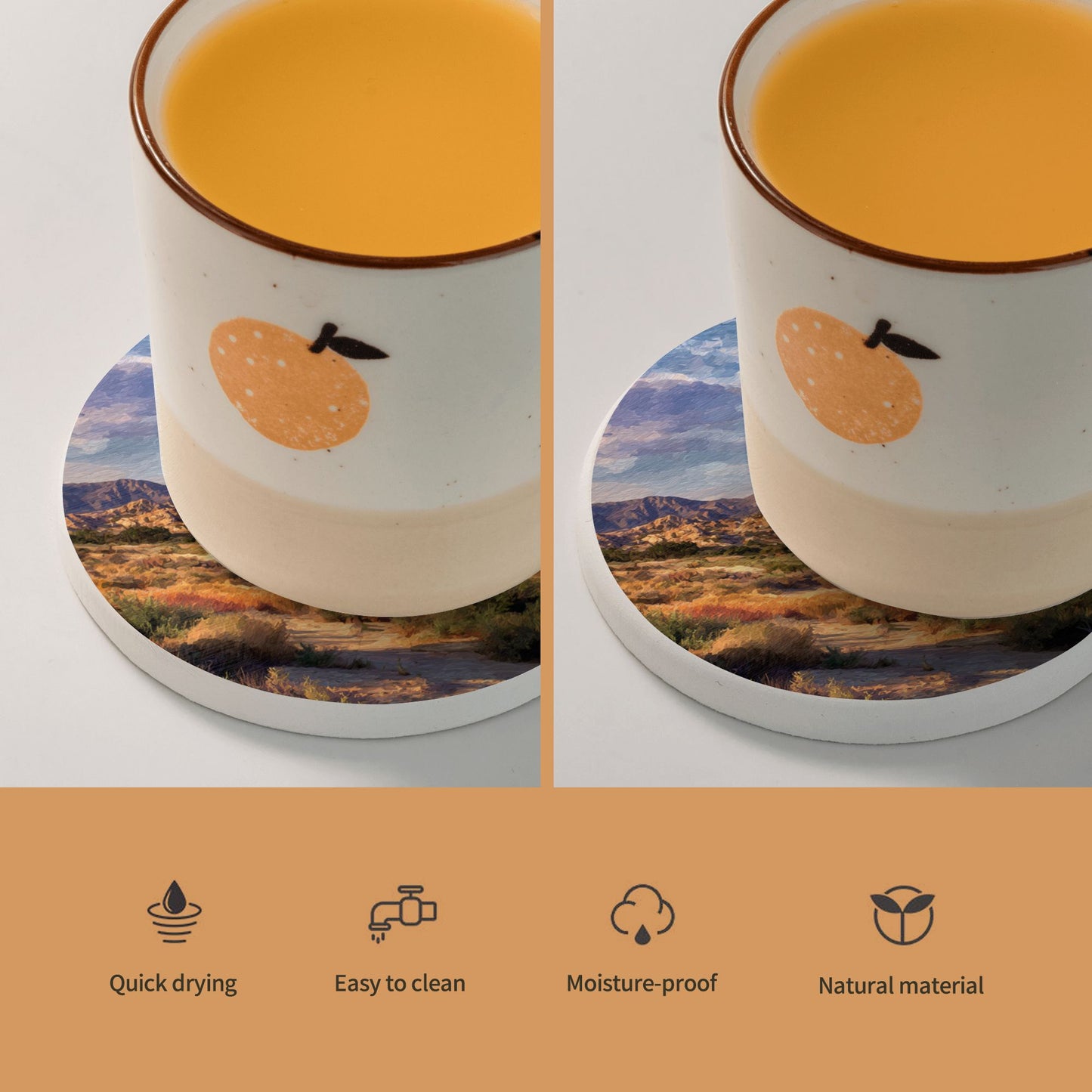 Artistic Ceramic Absorbent Coaster｜4-inch Round with Non-Slip Back｜Desert Landscape Print