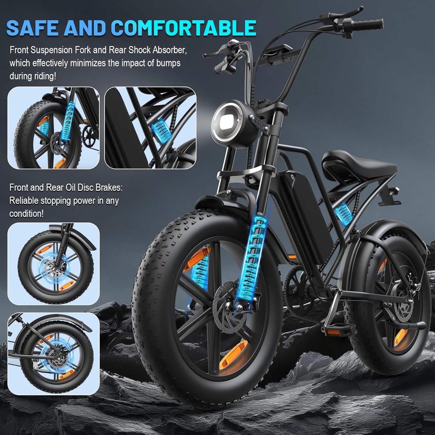 E500 Electric Bike for Adults 1000W Peak Motor, 20" Fat Tire Electric Bicycles with 40 Miles PAS Range, 7 Speed E-Bike with 48V Removable Battery, Dirt Ebike for Mountains, Sand, Road, Beach, Snow
